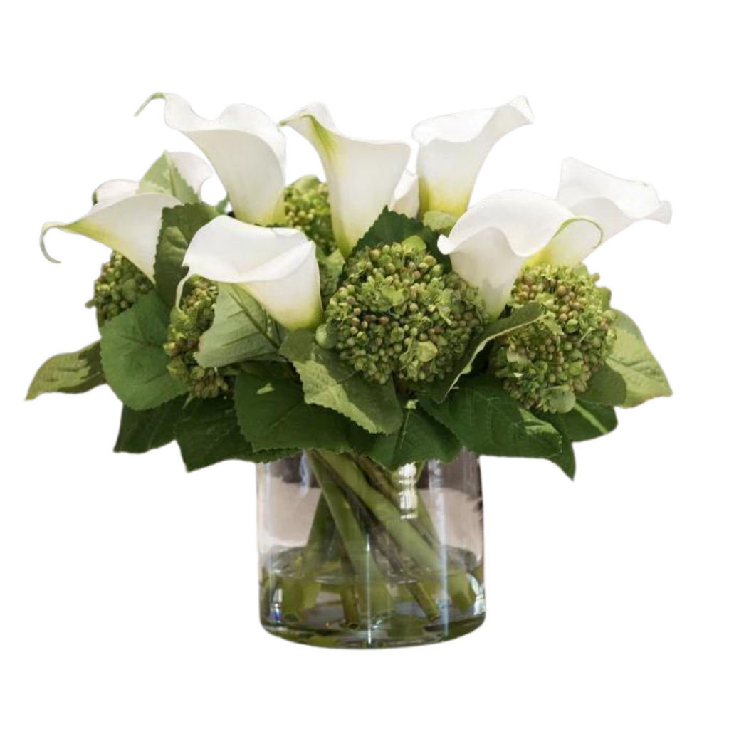 Calla Lily & Hydrangea White Buds Arrangement in Clear Cylinder Vase - The Well Appointed House