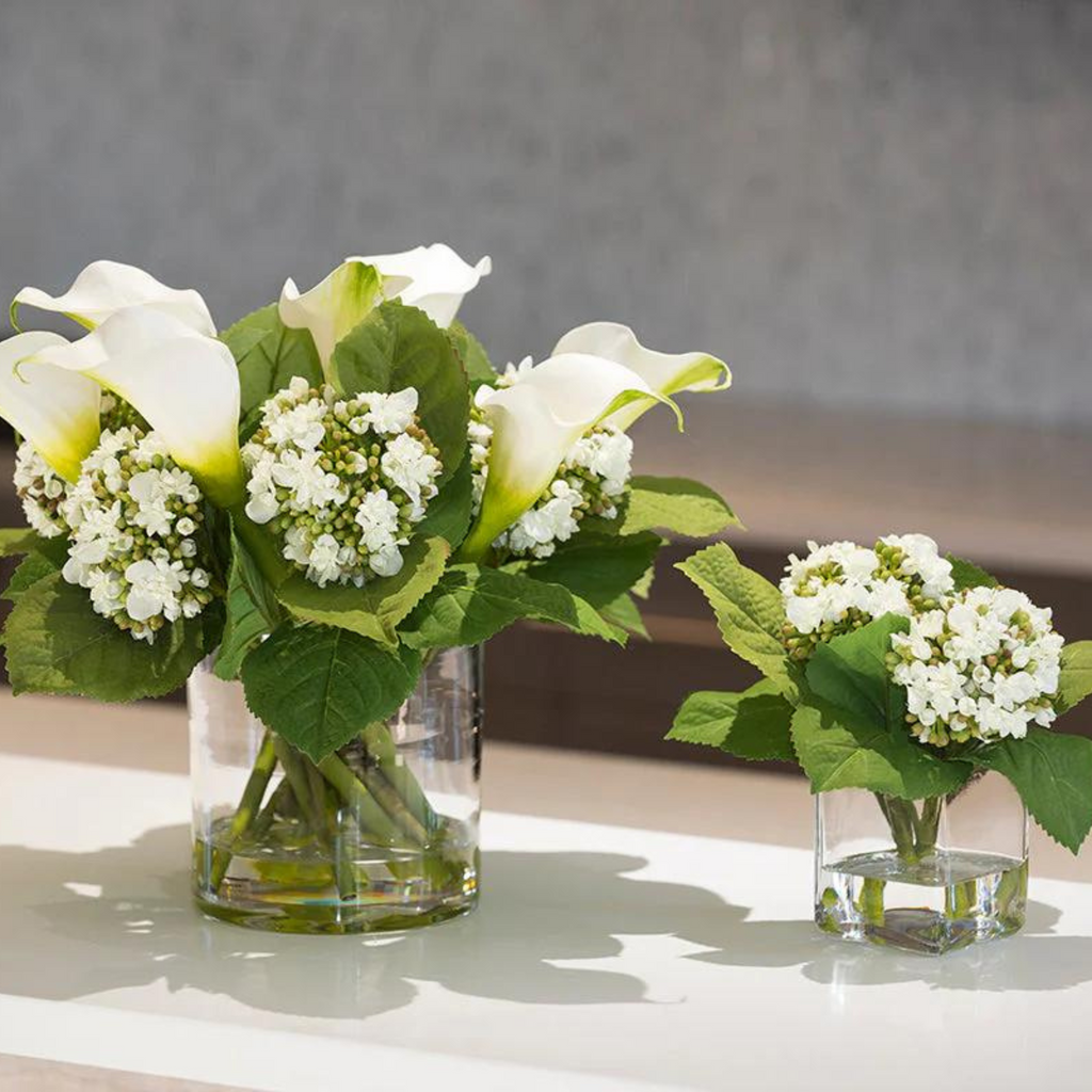 Calla Lily & Hydrangea White Buds Arrangement in Clear Cylinder Vase - The Well Appointed House