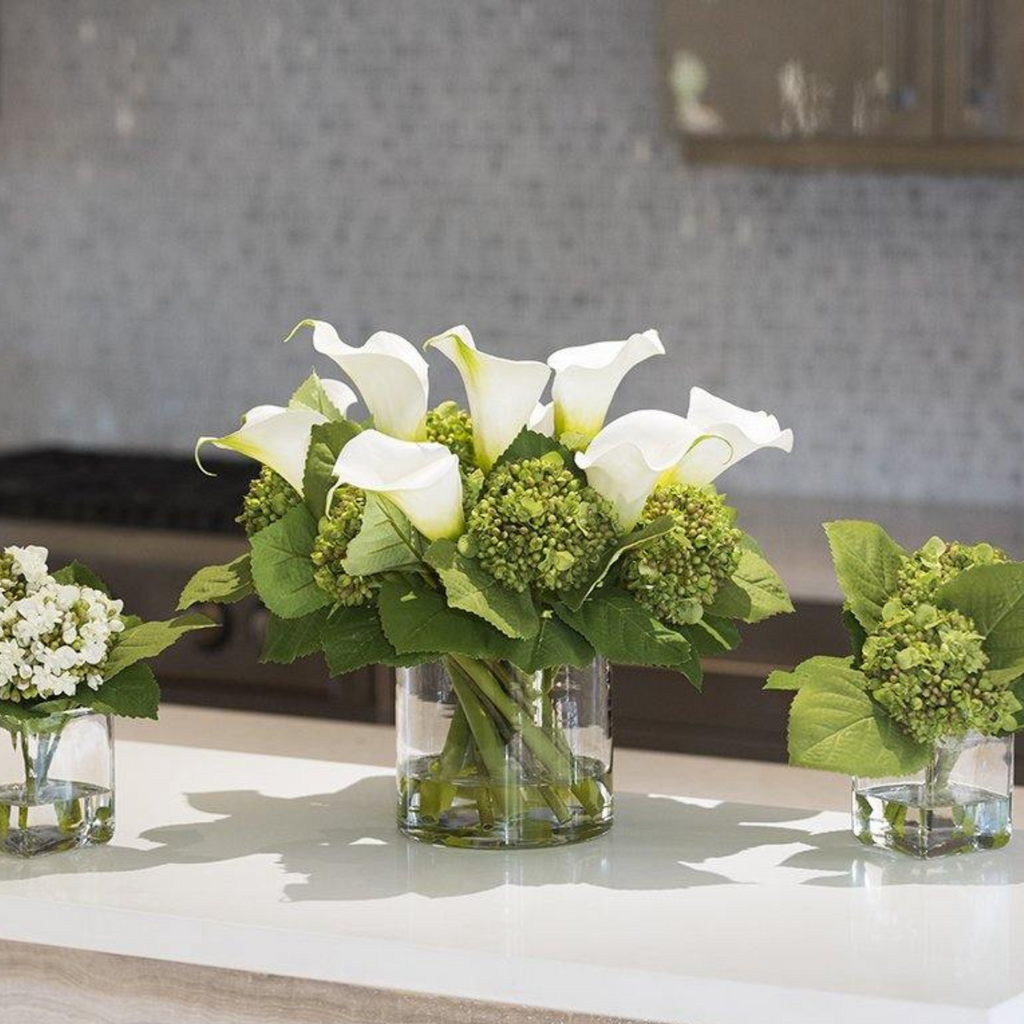 Calla Lily & Hydrangea White Buds Arrangement in Clear Cylinder Vase - The Well Appointed House