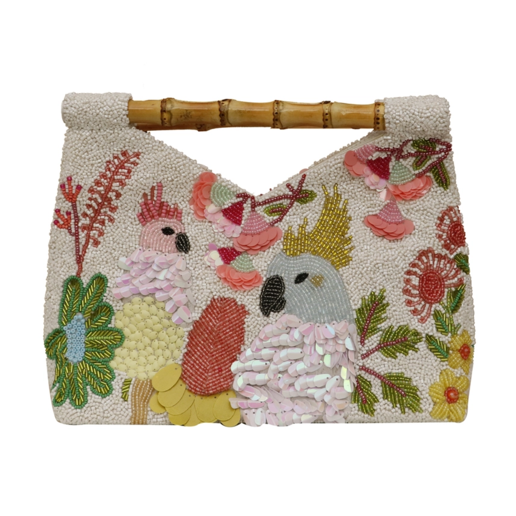 Beaded Toucans Clutch Purse With Bamboo Handle - The Well Appointed House