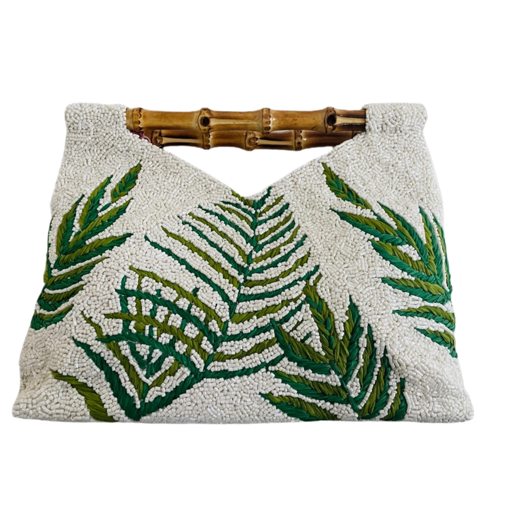 Beaded Tropical Leaf Motif Clutch Purse With Bamboo Handle - The Well Appointed House