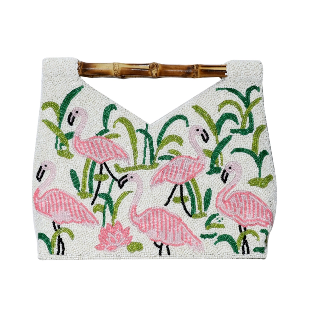 Beaded Pink Flamingo Motif Clutch Purse With Bamboo Handle - The Well Appointed House