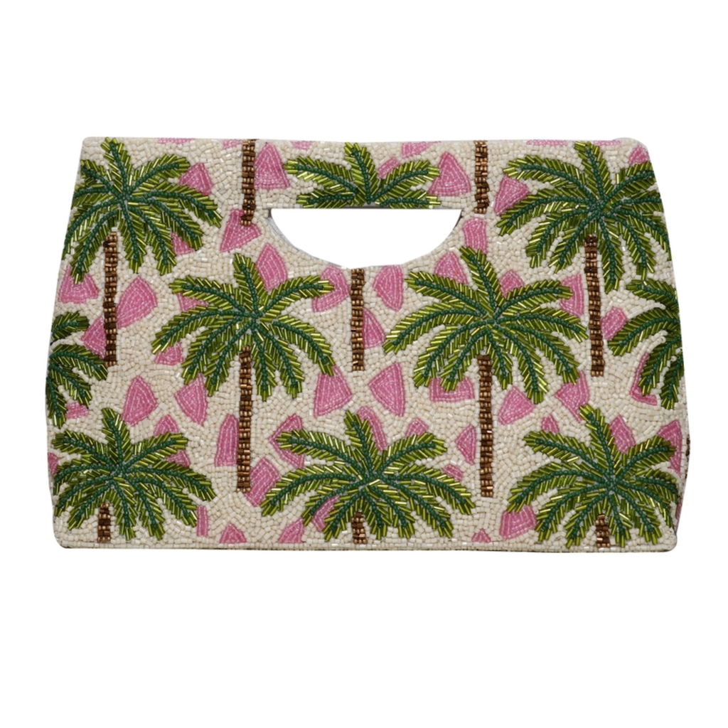 Beaded Pink & Green Palm Tree Clutch Purse - The Well Appointed House