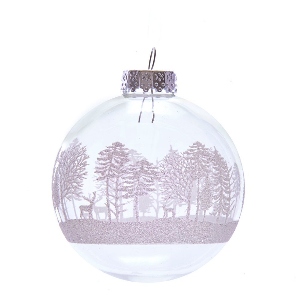 Set of 6 Clear Ball With White Tree Design Ornaments - The Well Appointed House