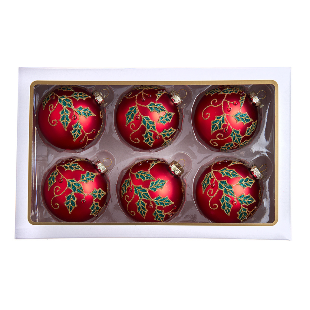 Set of 6 Red Ball With Holly and Berries Ornaments - The Well Appointed House