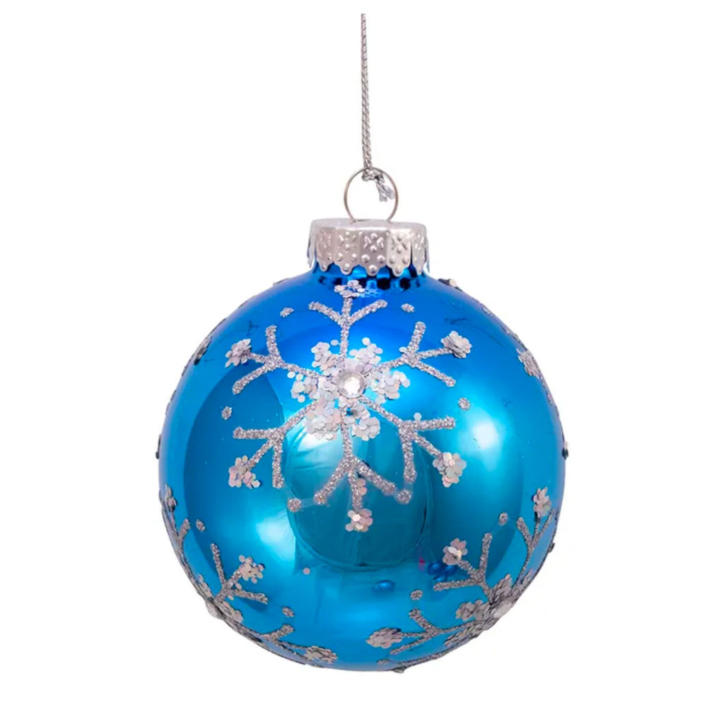 Glass Blue and Silver Glitter Snowflake Ball Ornaments, 6-Piece Set-The Well Appointed House