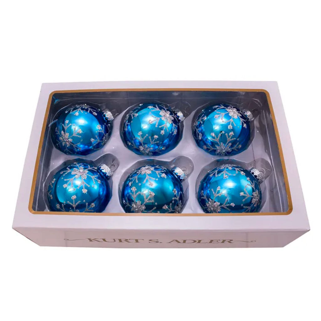 Glass Blue and Silver Glitter Snowflake Ball Ornaments, 6-Piece Set-The Well Appointed House