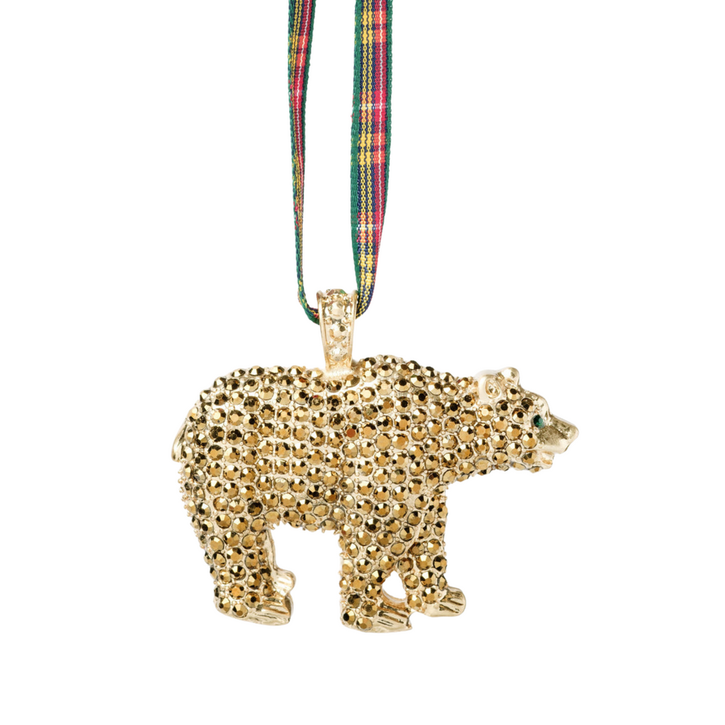 Gold Bear Christmas Hanging Ornament With Tartan Ribbon - The Well Appointed House