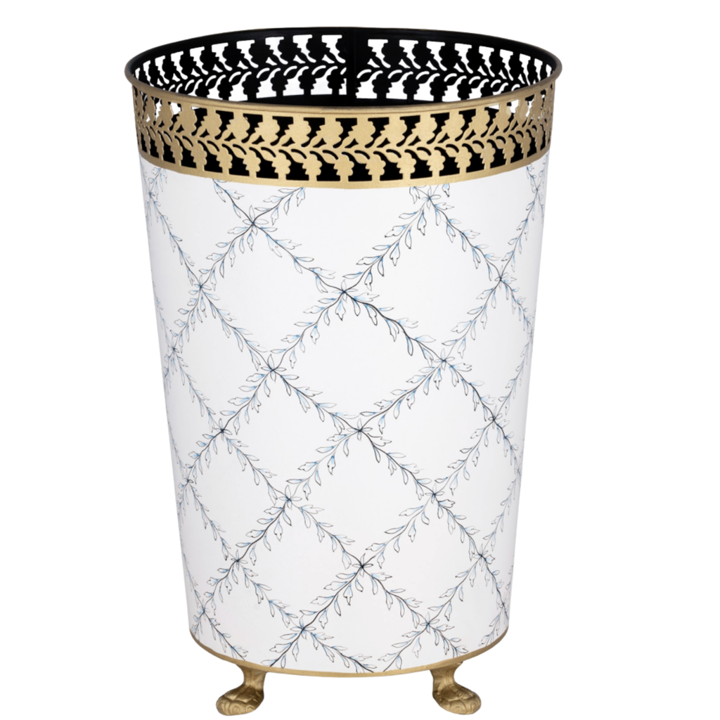 Ivory & Blue Pierced Gold Leaf Wastepaper Basket - The Well Appointed House