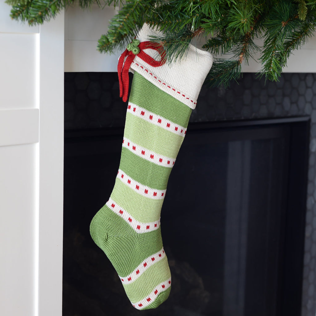 Green Stripe Stocking with Bow - The Well Appointed House