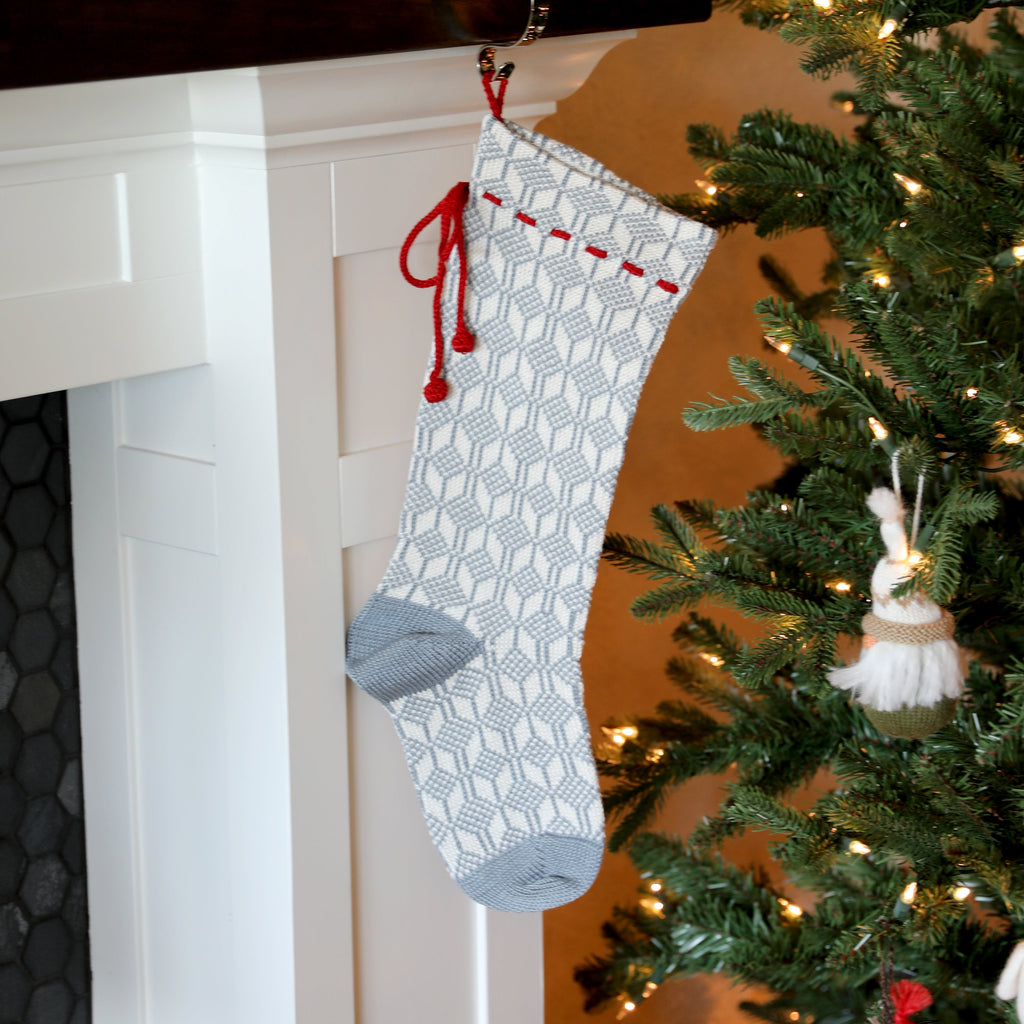 Grey Patterned Stocking with Red Bow - The Well Appointed House