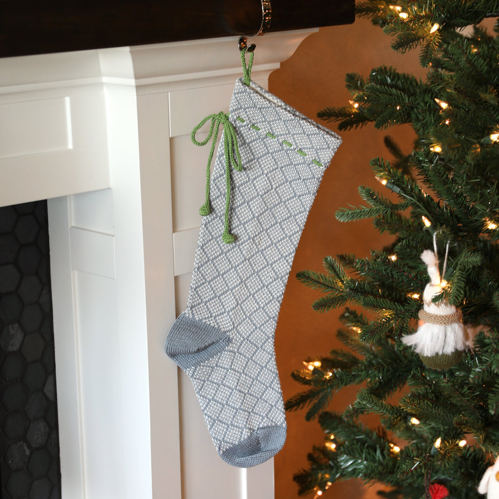 Grey Patterned Stocking with Green Bow - The Well Appointed House