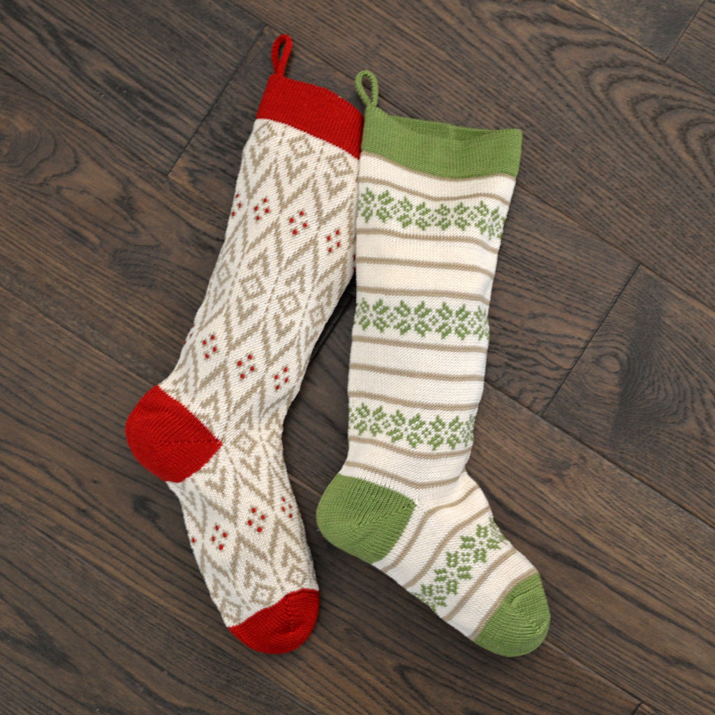 Ecru Patterned Stocking with Red Details - The Well Appointed House