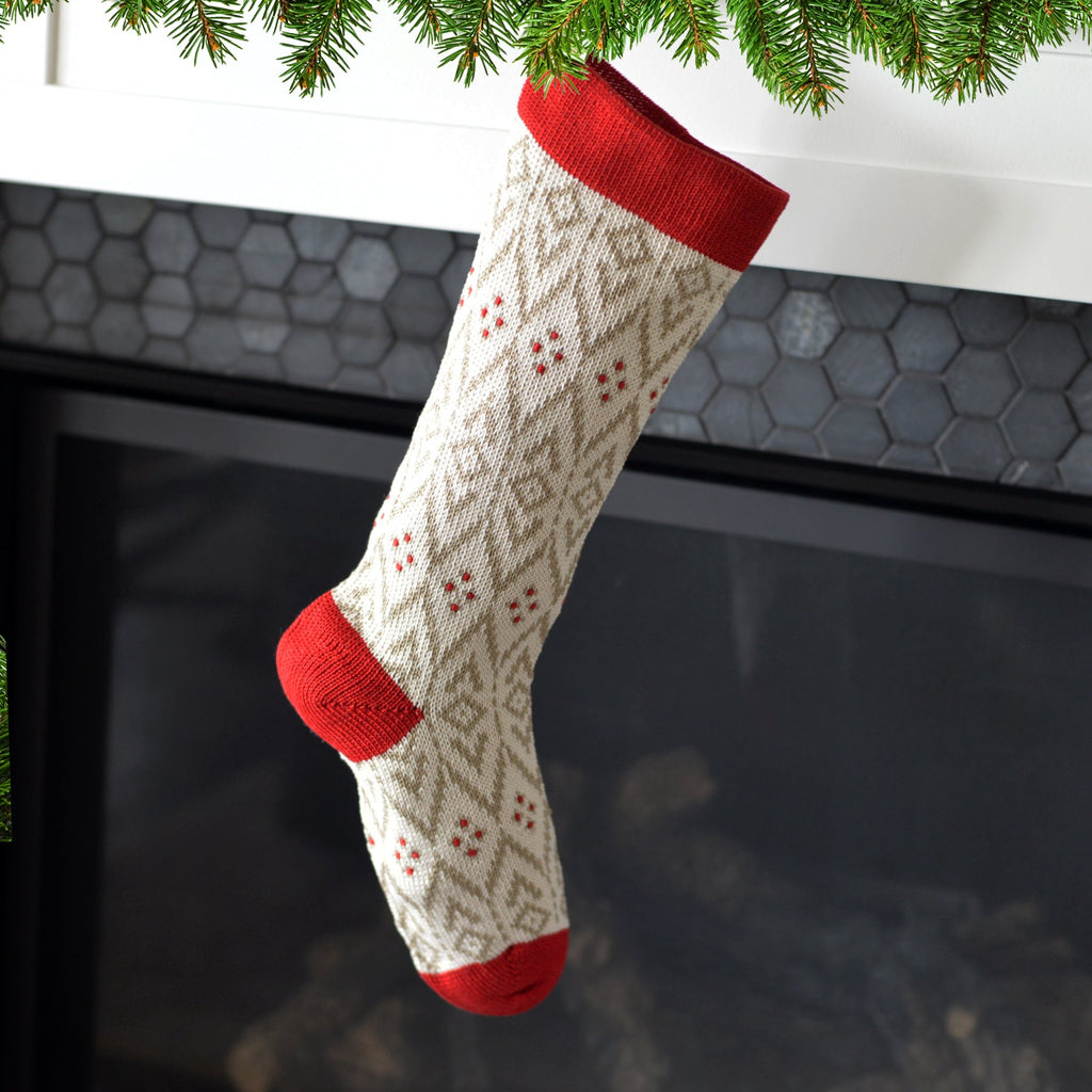 Ecru Patterned Stocking with Red Details - The Well Appointed House