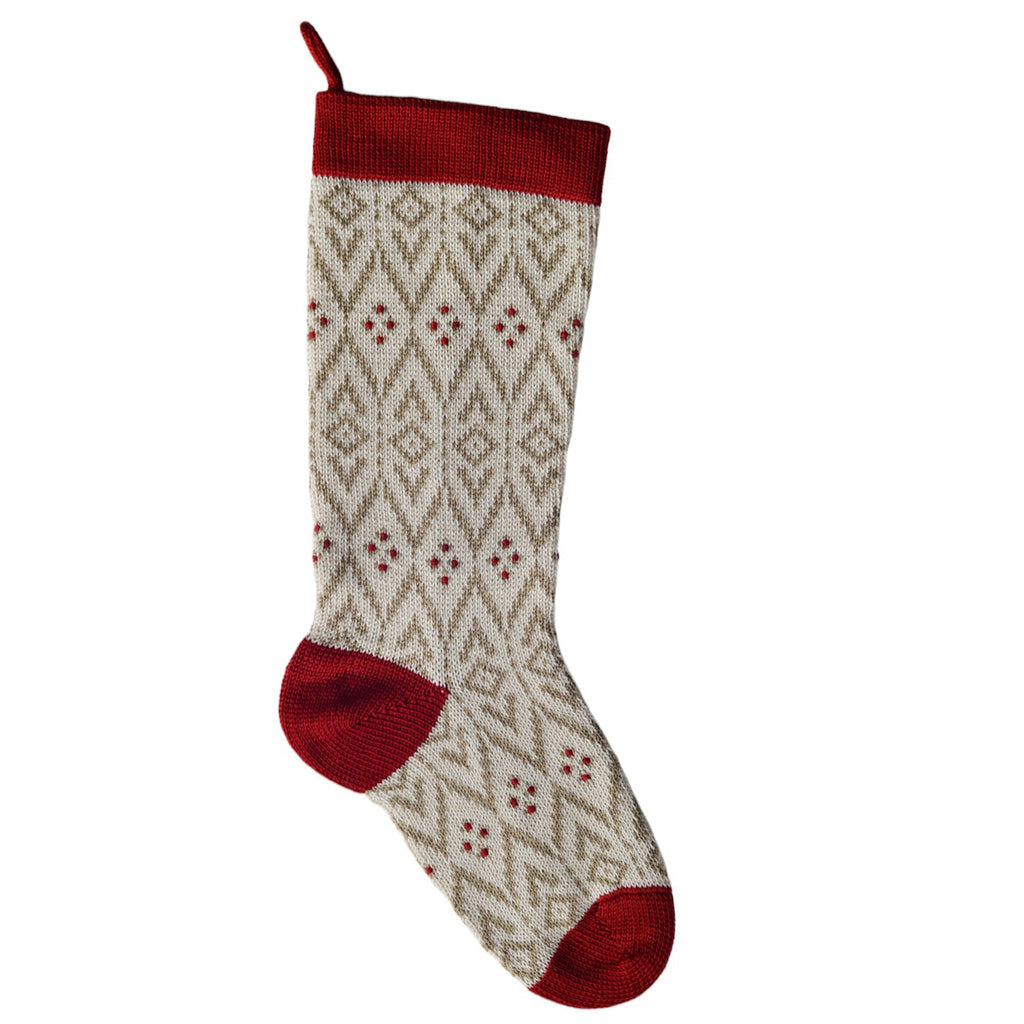 Ecru Patterned Stocking with Red Details - The Well Appointed House