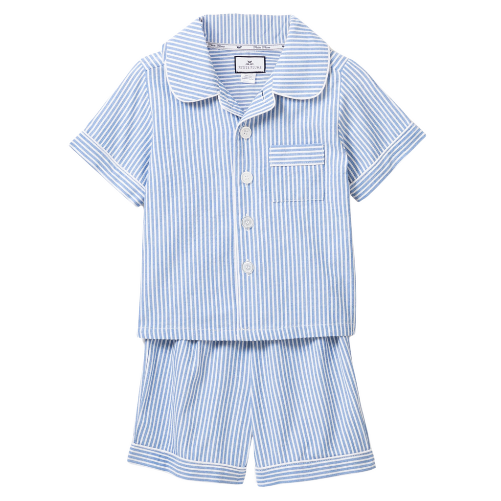 Kid's Twill Pajama Short Set in French Blue Seersucker - The Well Appointed House