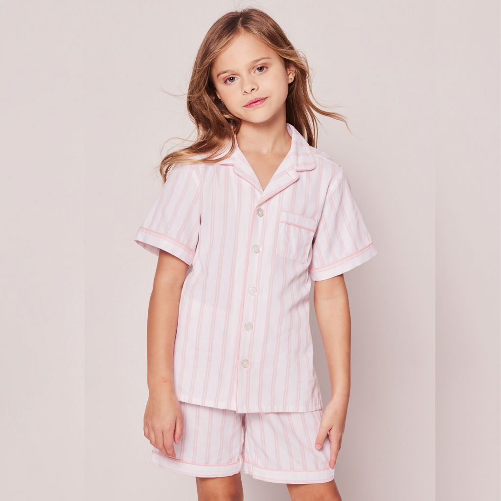 Kid's Twill Pajama Short Set in Pink and White Stripe - The Well Appointed House