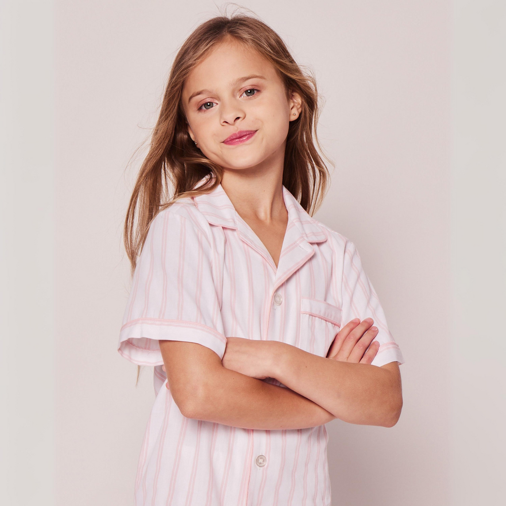 Kid's Twill Pajama Short Set in Pink and White Stripe - The Well Appointed House