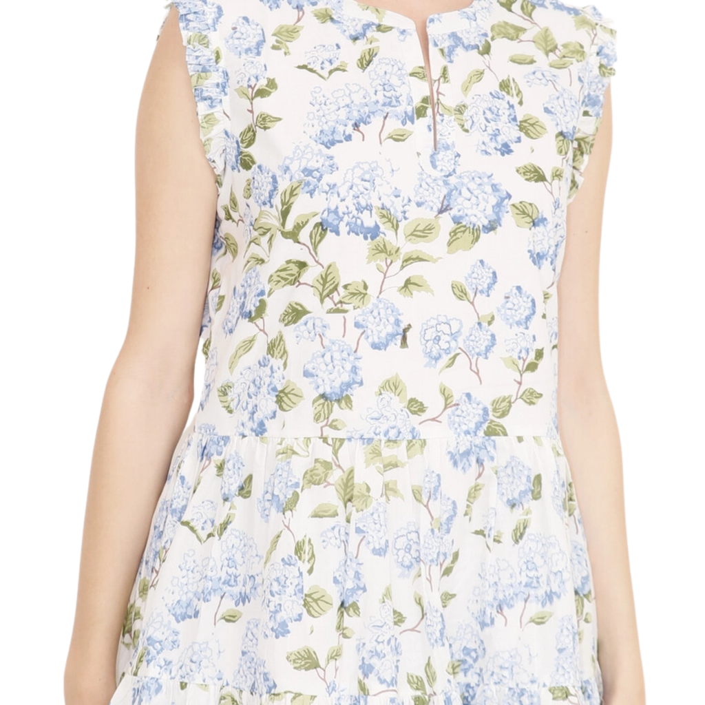Sleeveless Blue Hydrangea Print A-Line Dress - The Well Appointed House