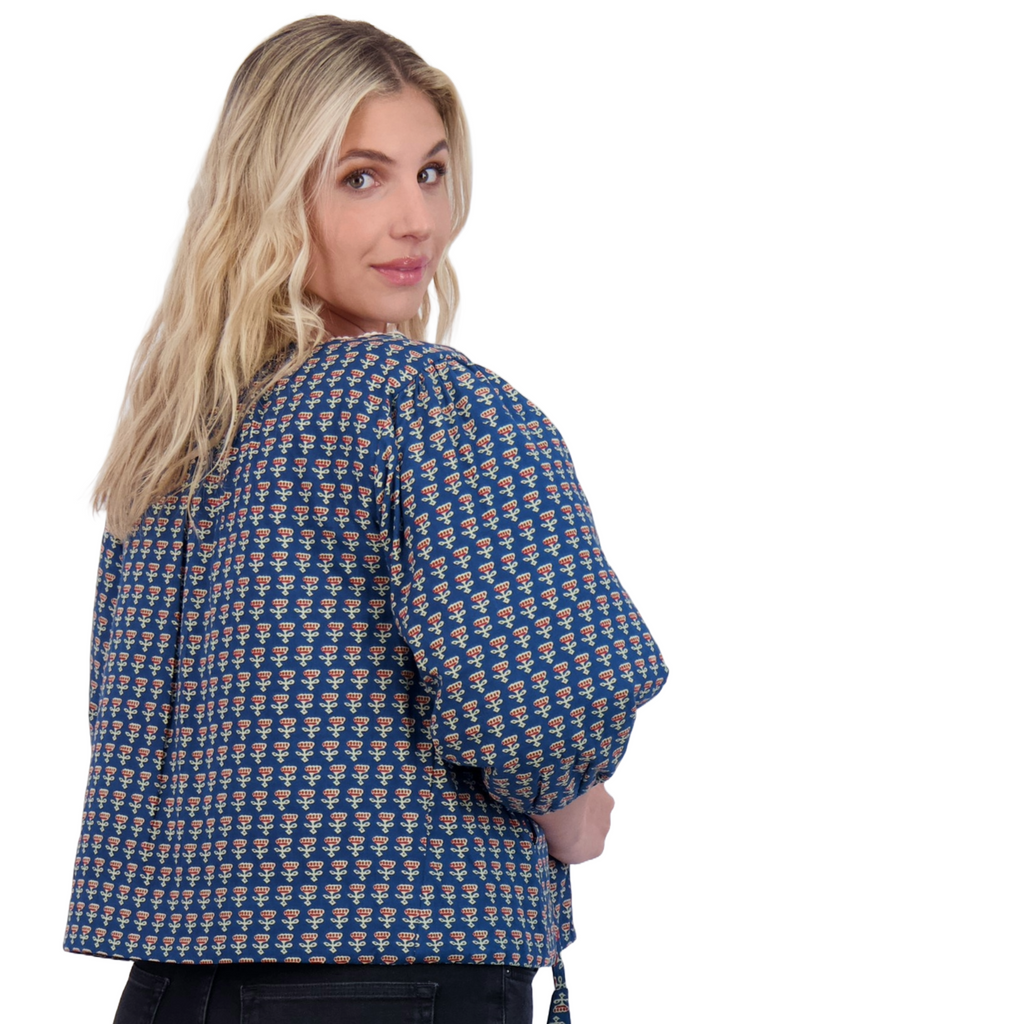 Marisol Boho Jacket in Blue Floral Block Print - The Well Appointed House