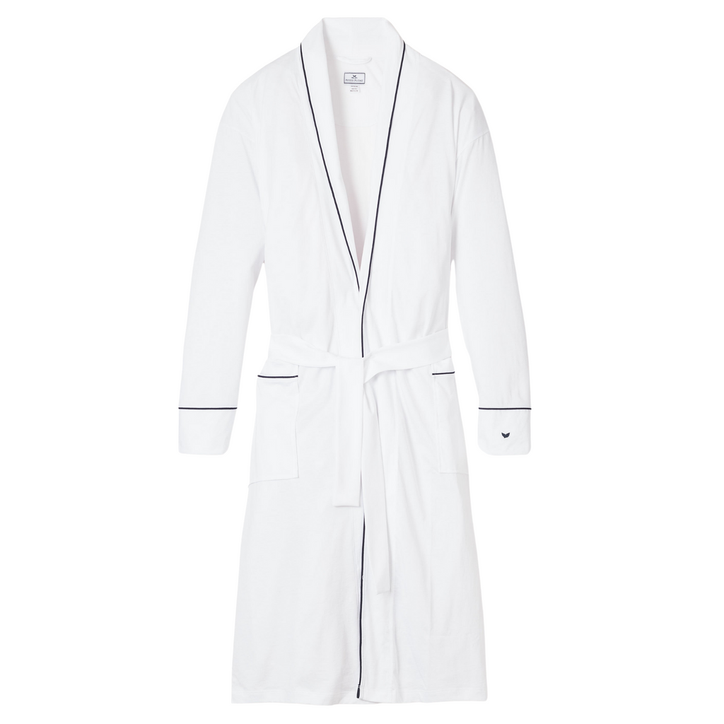 Men's Pima Robe in White with Navy Piping - The Well Appointed House