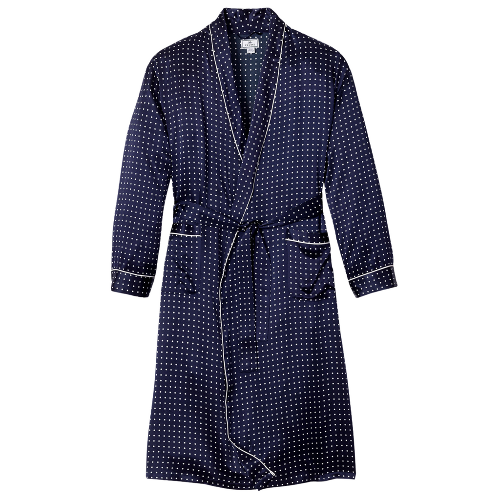 Men's Silk Long Robe in Navy Polka Dot - The Well Appointed House