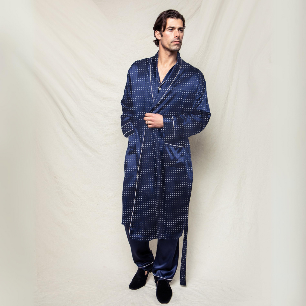 Men's Silk Long Robe in Navy Polka Dot - The Well Appointed House