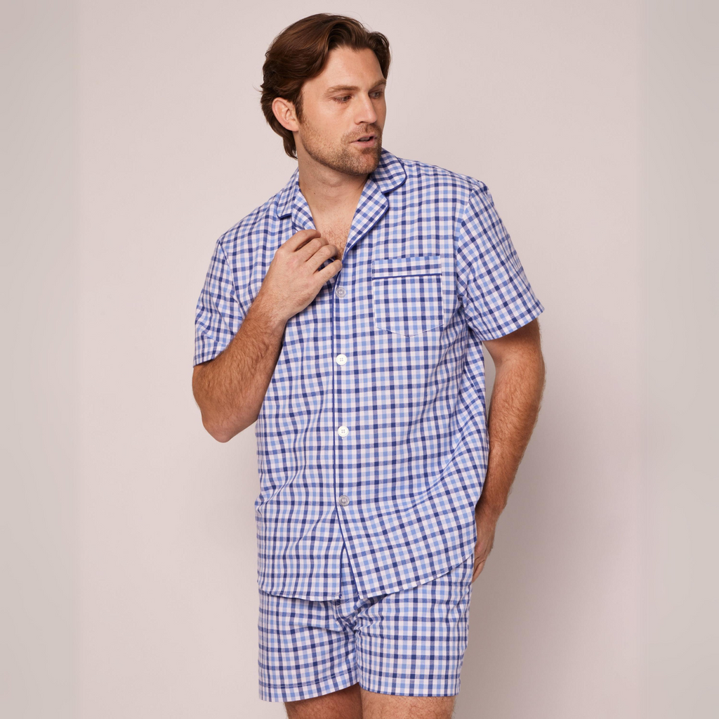 Men's Twill Pajama Short Set in Royal Blue Gingham - The Well Appointed House