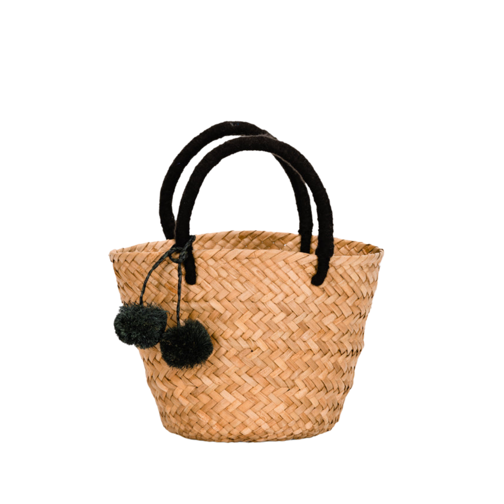 Mini St Tropez Pom Pom Straw Tote in Black - The Well Appointed House