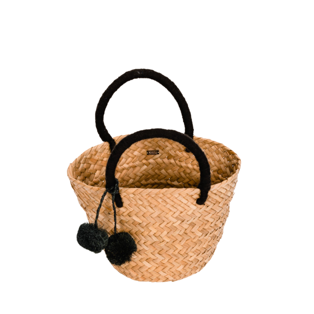 Mini St Tropez Pom Pom Straw Tote in Black - The Well Appointed House