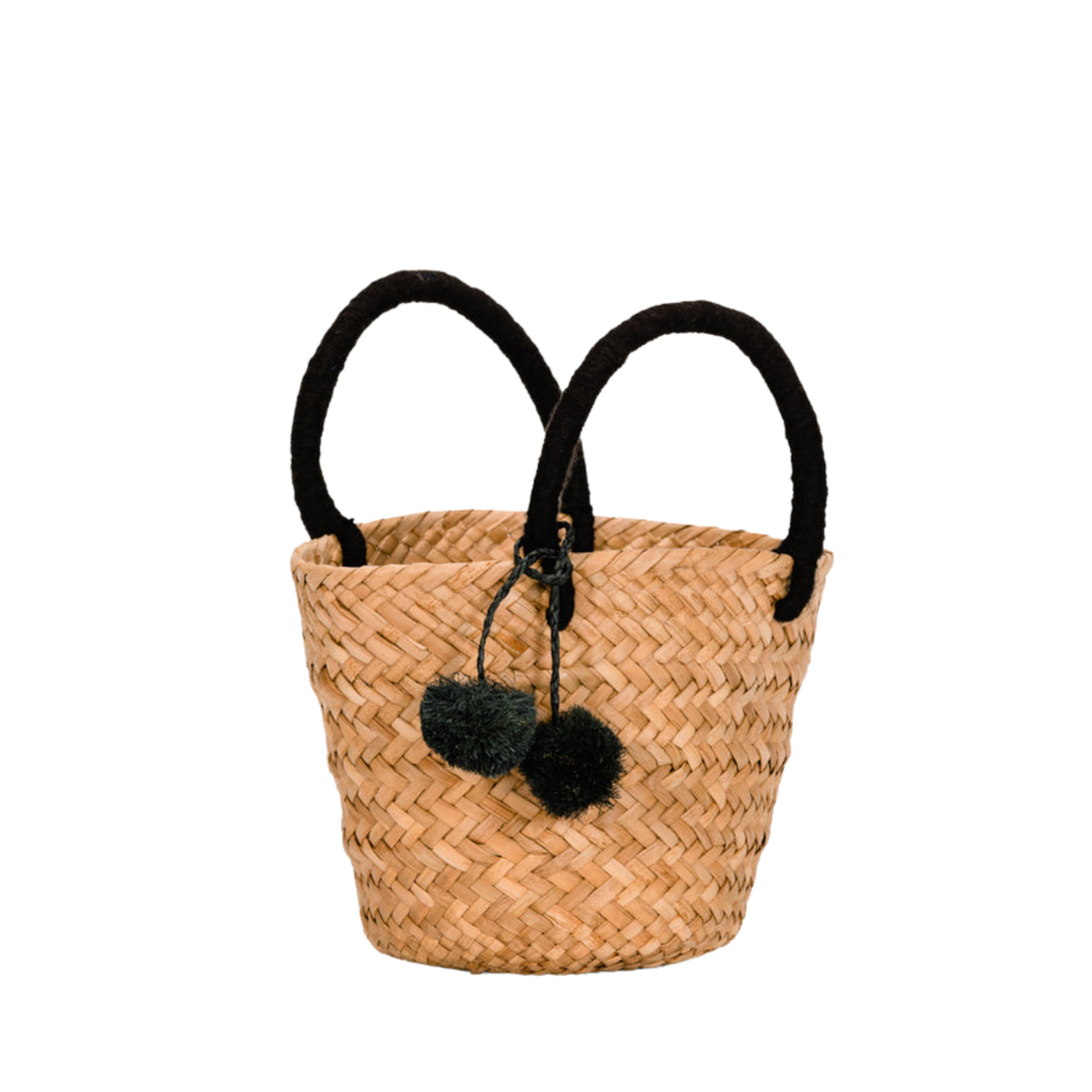 Mini St Tropez Pom Pom Straw Tote in Black - The Well Appointed House