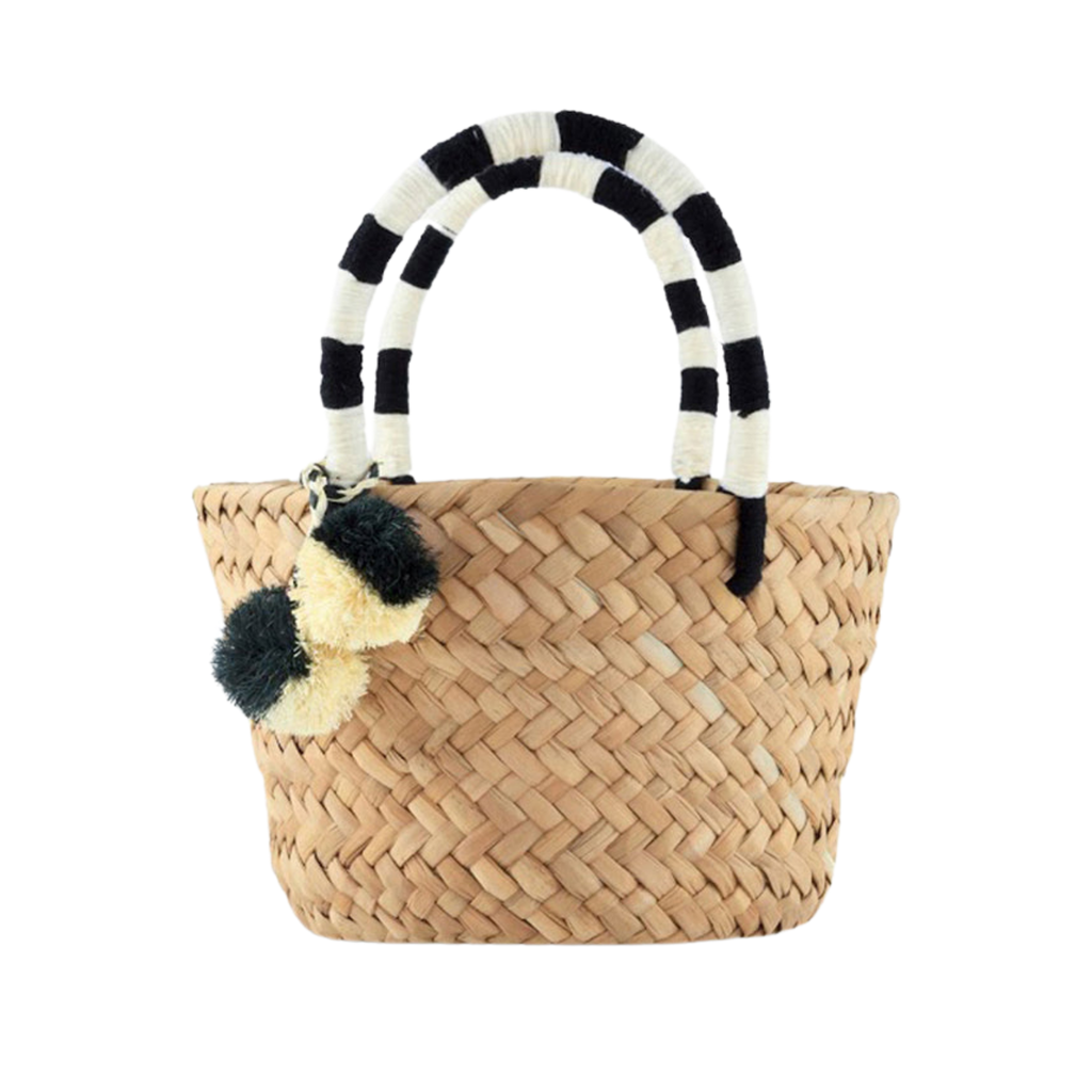 Mini St Tropez Pom Pom Straw Tote in Black and White - The Well Appointed House