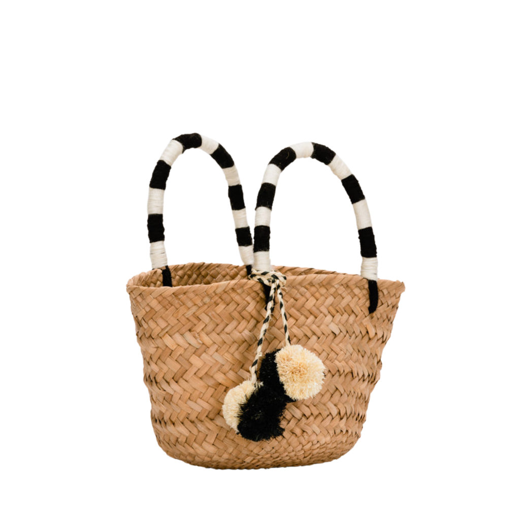 Mini St Tropez Pom Pom Straw Tote in Black and White - The Well Appointed House