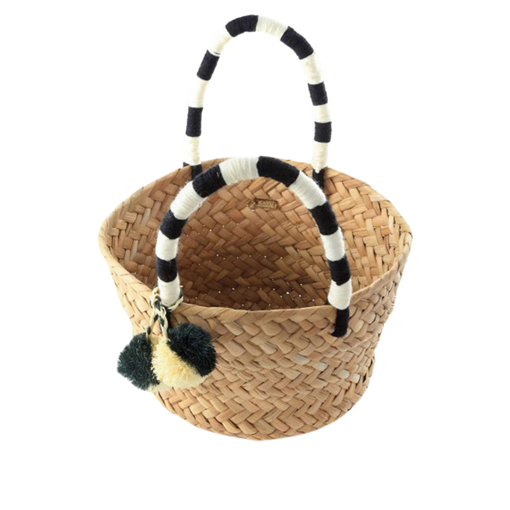 Mini St Tropez Pom Pom Straw Tote in Black and White - The Well Appointed House