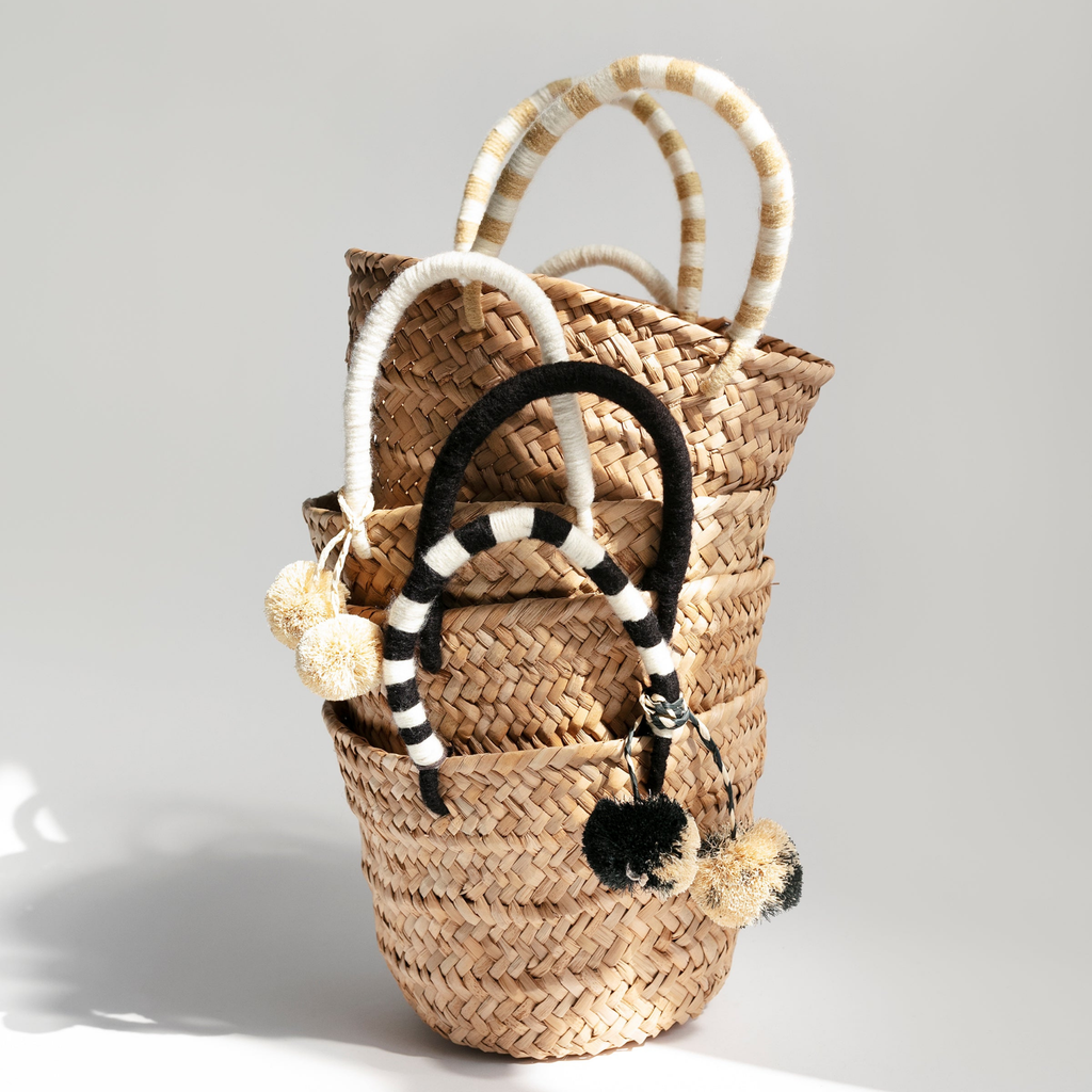 Mini St Tropez Pom Pom Straw Tote in Black and White - The Well Appointed House