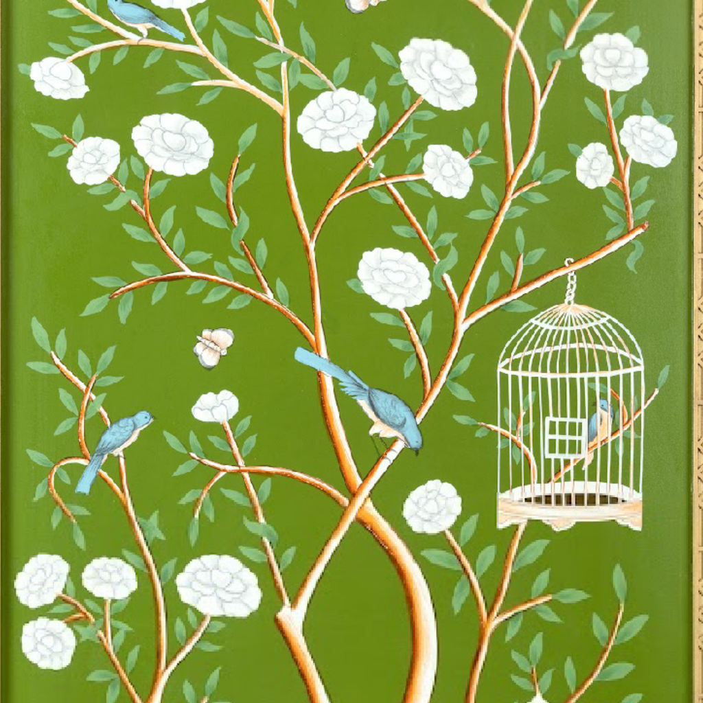 Moss Green Bird Cage Chinoiserie Mural - The Well Appointed House