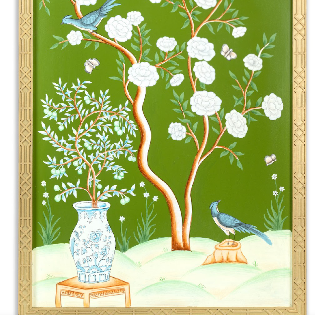 Moss Green Vase Chinoiserie Mural - The Well Appointed House