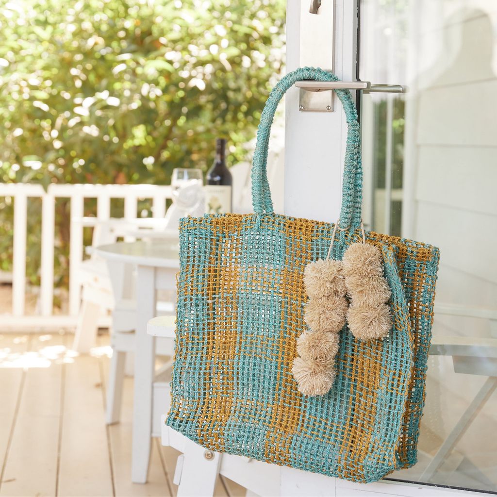 Olive Straw Tote Bag in Aqua in Aqua - The Well Appointed House