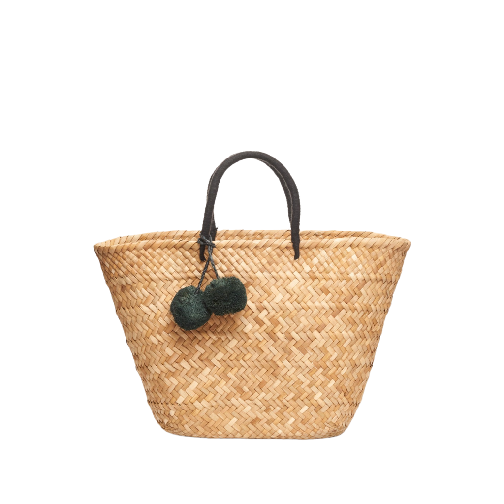 Oversized St Tropez Pom Pom Straw Tote in Black - The Well Appointed House