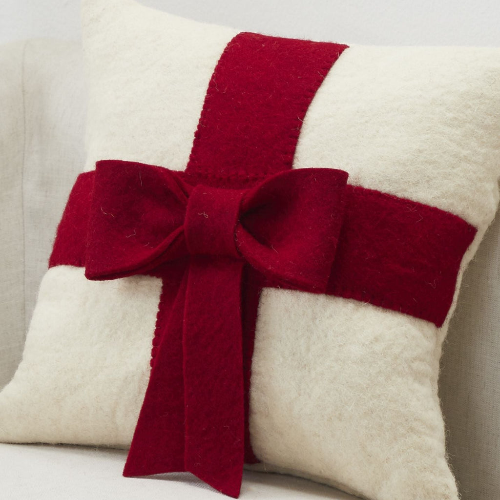 Red Bow on Cream - Christmas Pillow Cover in Hand Felted Wool - 20" - The Well Appointed House