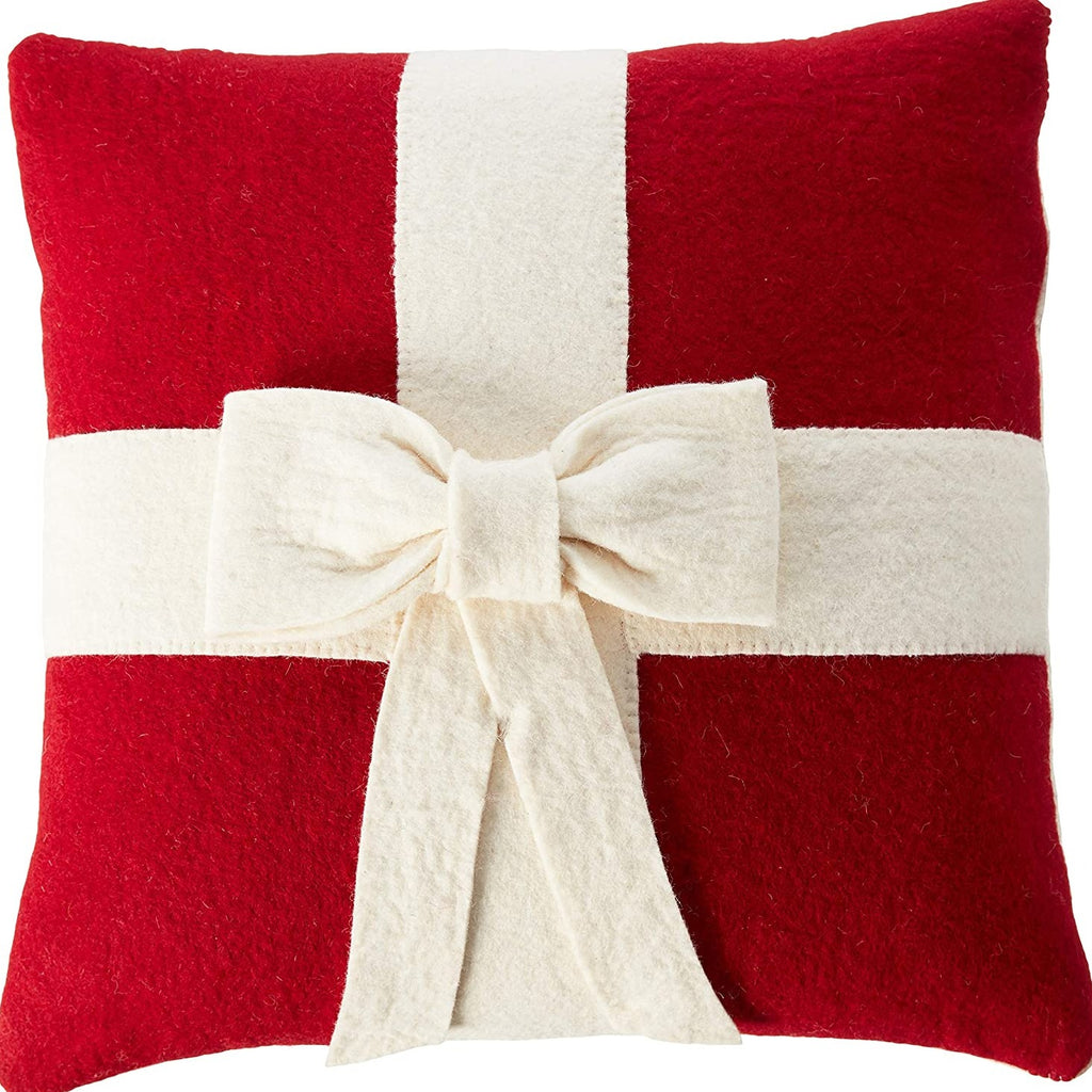 Cream Bow on Red- Christmas Pillow Cover in Hand Felted Wool - 20" - The Well Appointed House