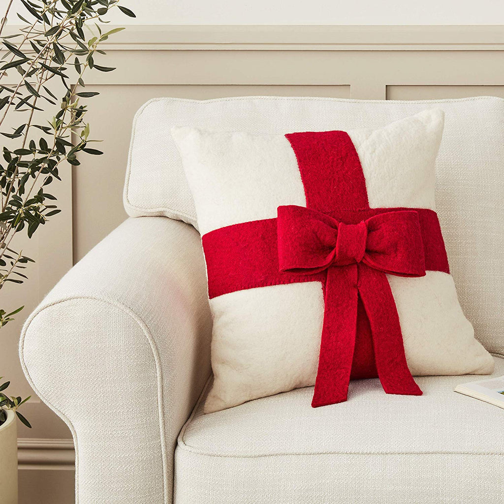 Red Bow on Cream - Christmas Pillow Cover in Hand Felted Wool - 20" - The Well Appointed House