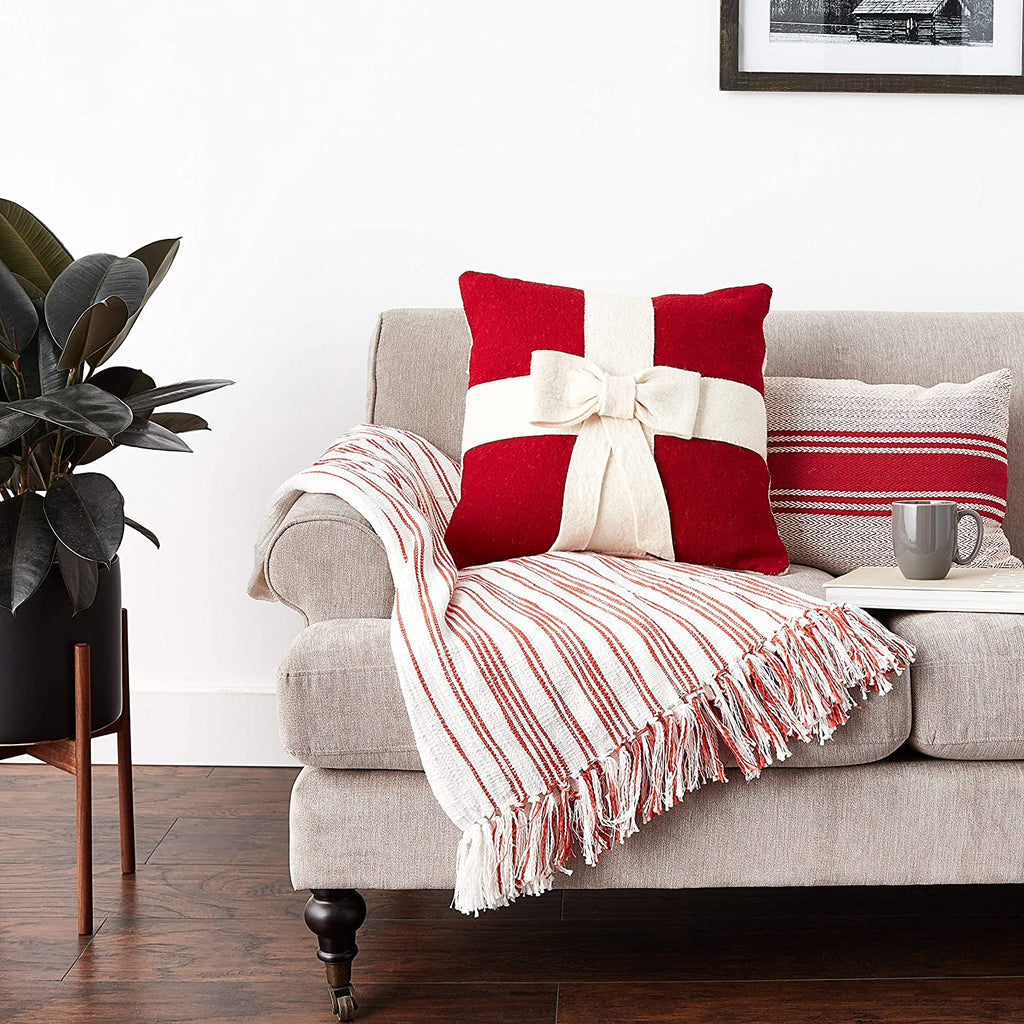 Cream Bow on Red- Christmas Pillow Cover in Hand Felted Wool - 20" - The Well Appointed House