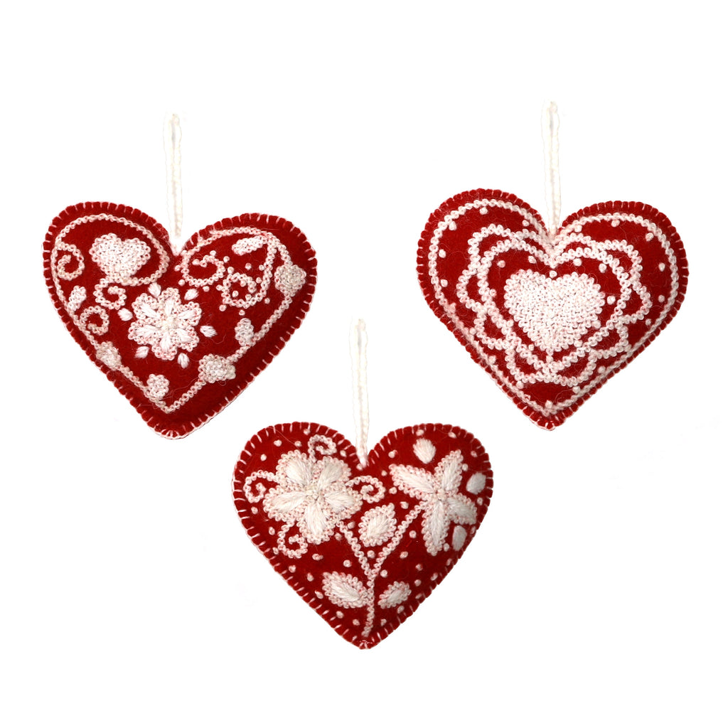 Embroidered Heart Ornaments, Set of 3 - The Well Appointed House