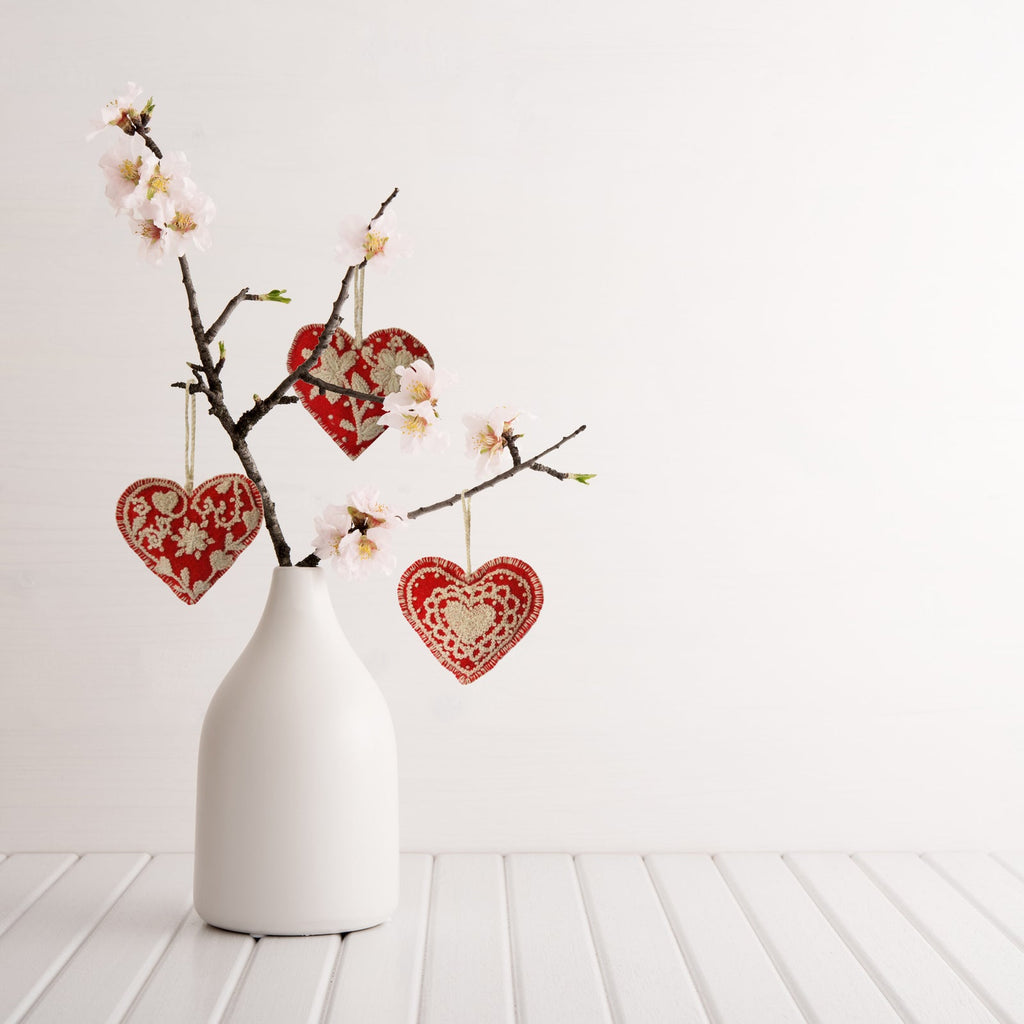 Embroidered Heart Ornaments, Set of 3 - The Well Appointed House