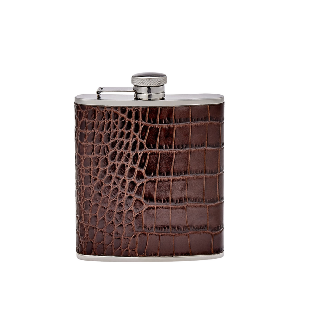 Personalize Embossed Croc Leather 6 oz Leather Wrapped Flask - The Well Appointed House