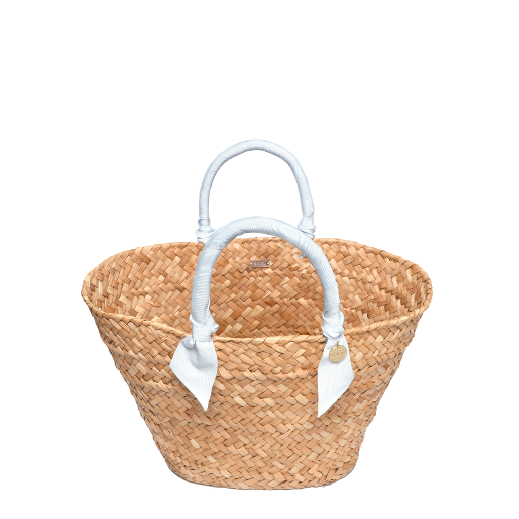 Rosie Woven Straw Ribbon-Handle Tote in Baby Blue - The Well Appointed House