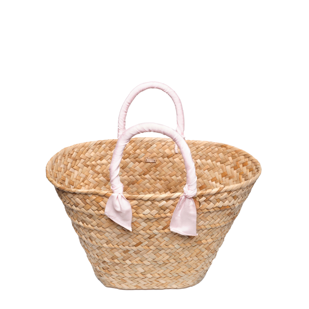 Rosie Woven Straw Ribbon-Handle Tote in Baby Pink - The Well Appointed House