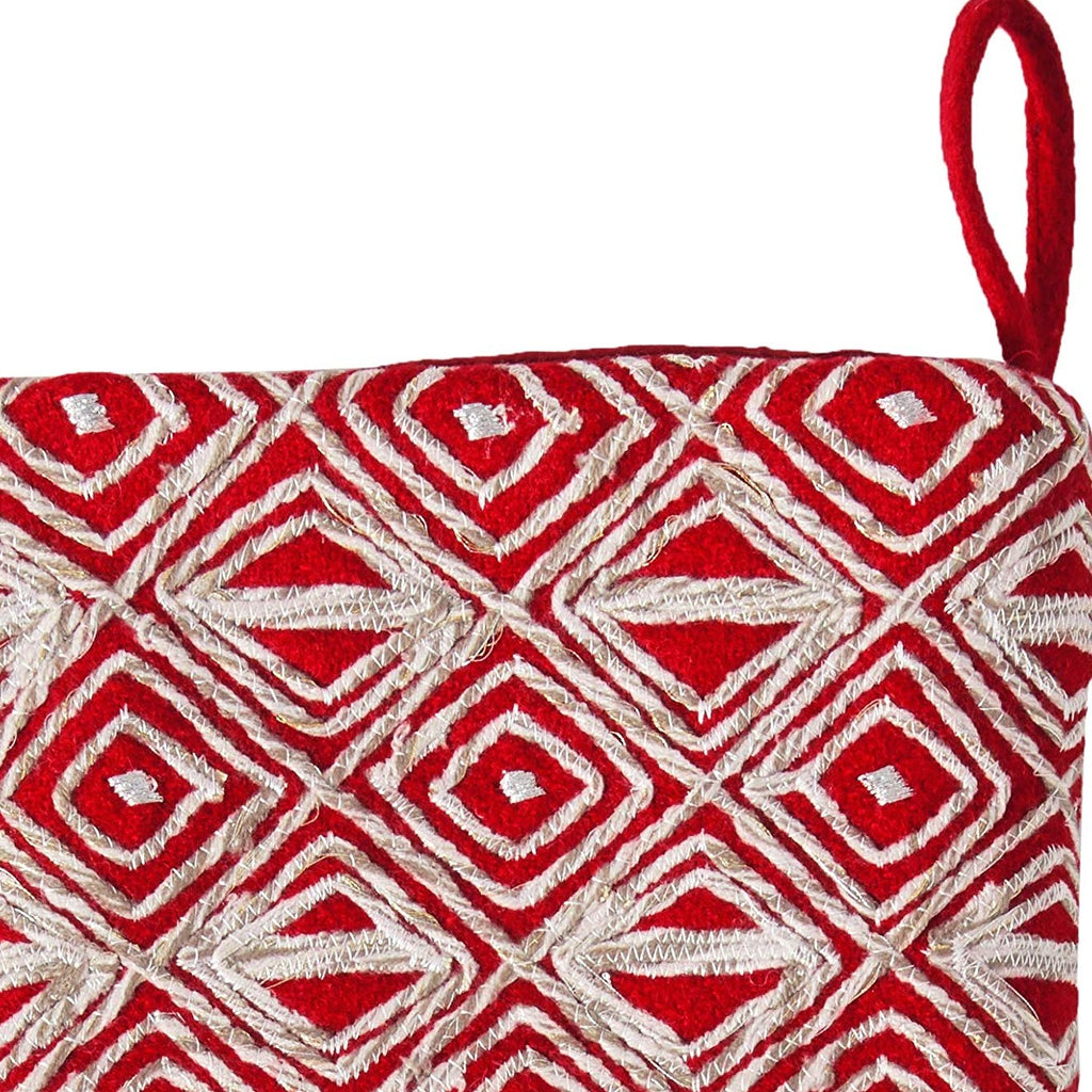 Red Christmas Stocking with Geo Embroidered Cuff in Recycled Wool - The Well Appointed House