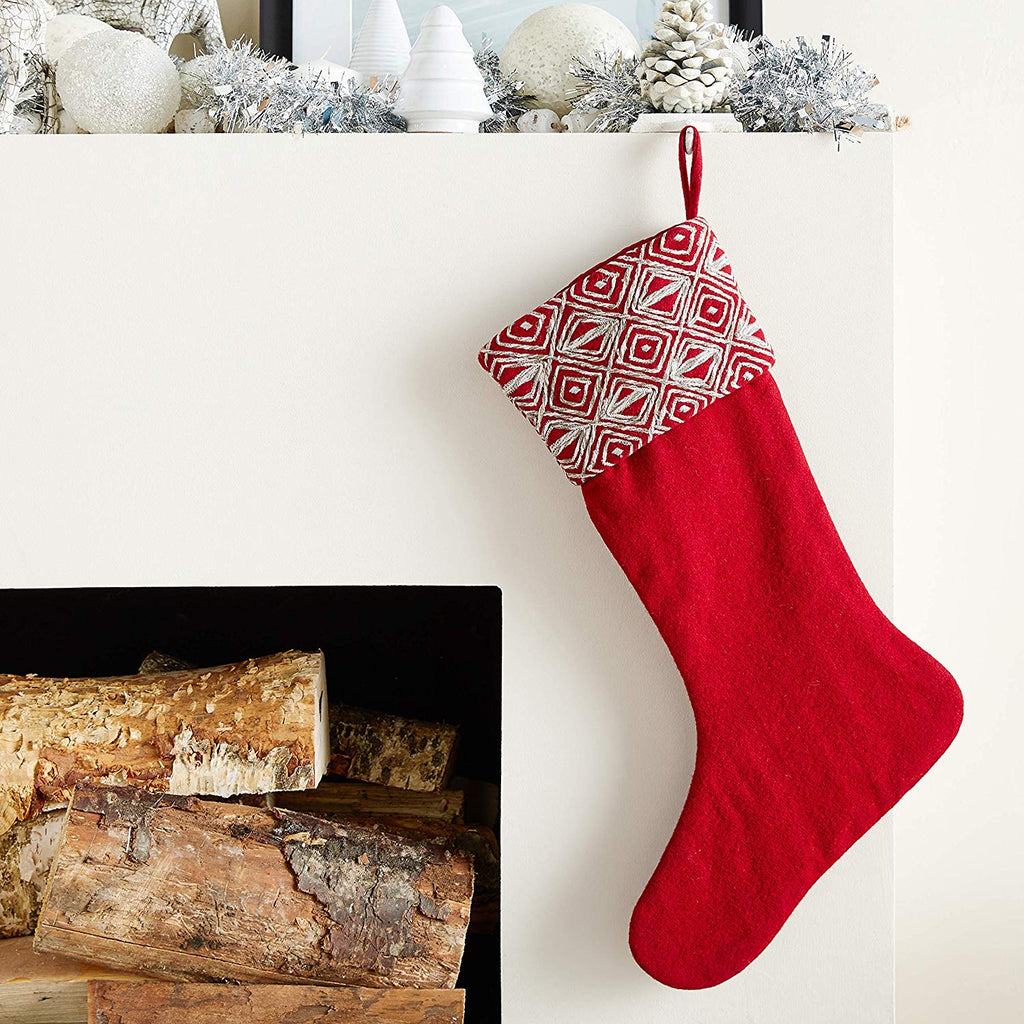 Red Christmas Stocking with Geo Embroidered Cuff in Recycled Wool - The Well Appointed House